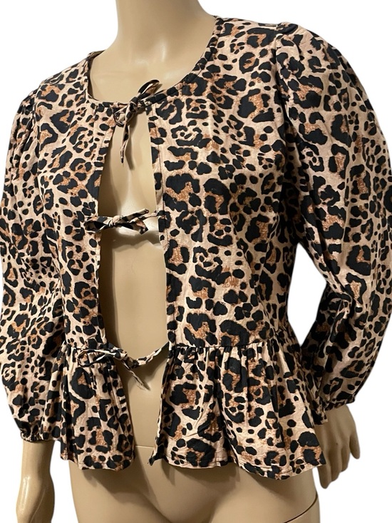 Sim & Sam Tops - Sim & Sam Leopard Print Babydoll Peplum Tie Front Long Puff Sleeve Boho Top SZ M